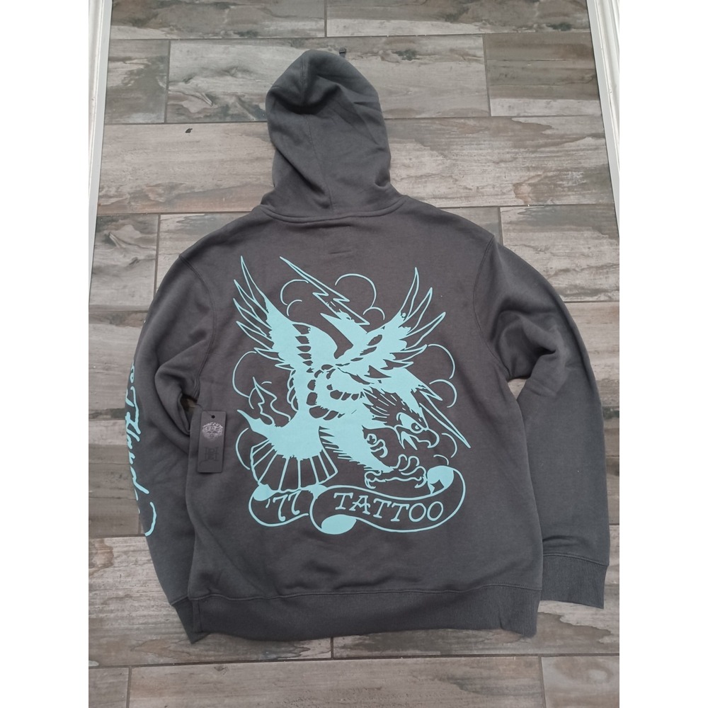 Ed Hardy Men's Hoodie Sweater Eagle Skull Print Sz L Charcoal Color NWT - Picture 8 of 11